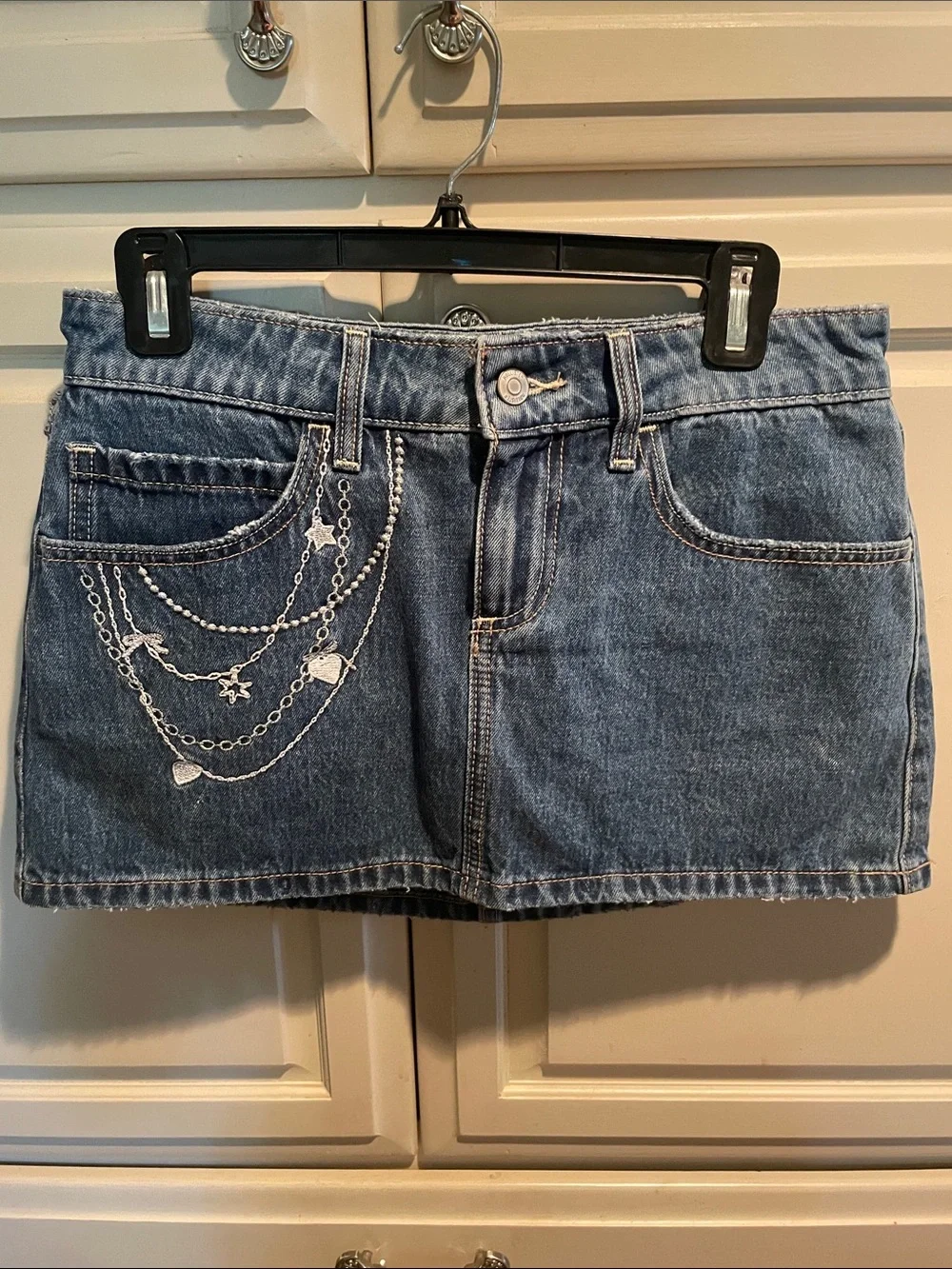 Hollister Blue Denim Mini Skirt with White Embroidered Chain Detail